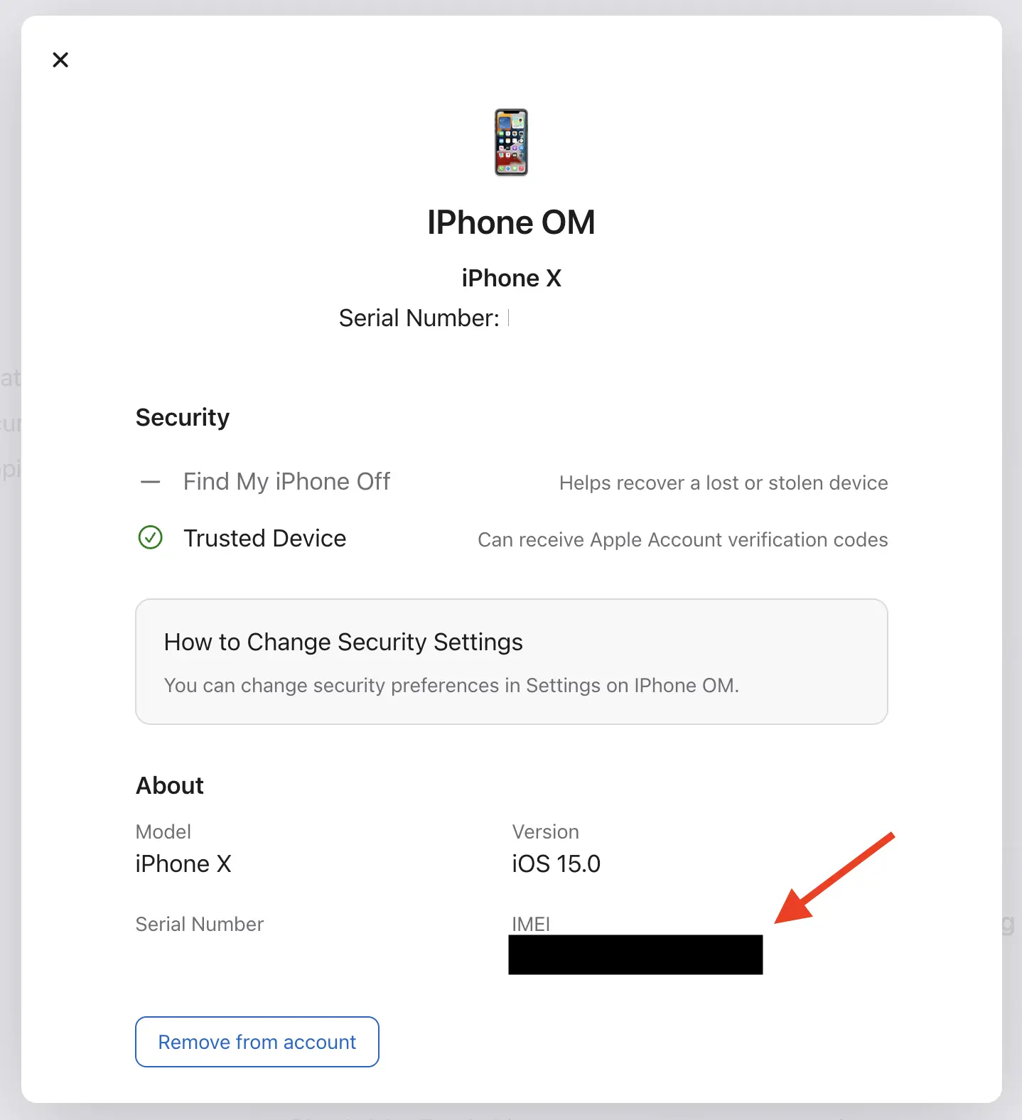 Apple Account device list with an iPhone selected and its IMEI shown
